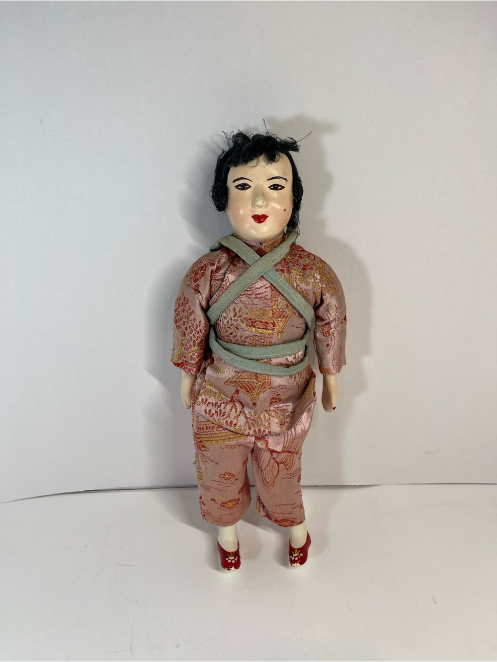 Vintage Composition Breakable Chinese Asian Oriental Doll Hand Painted 12"